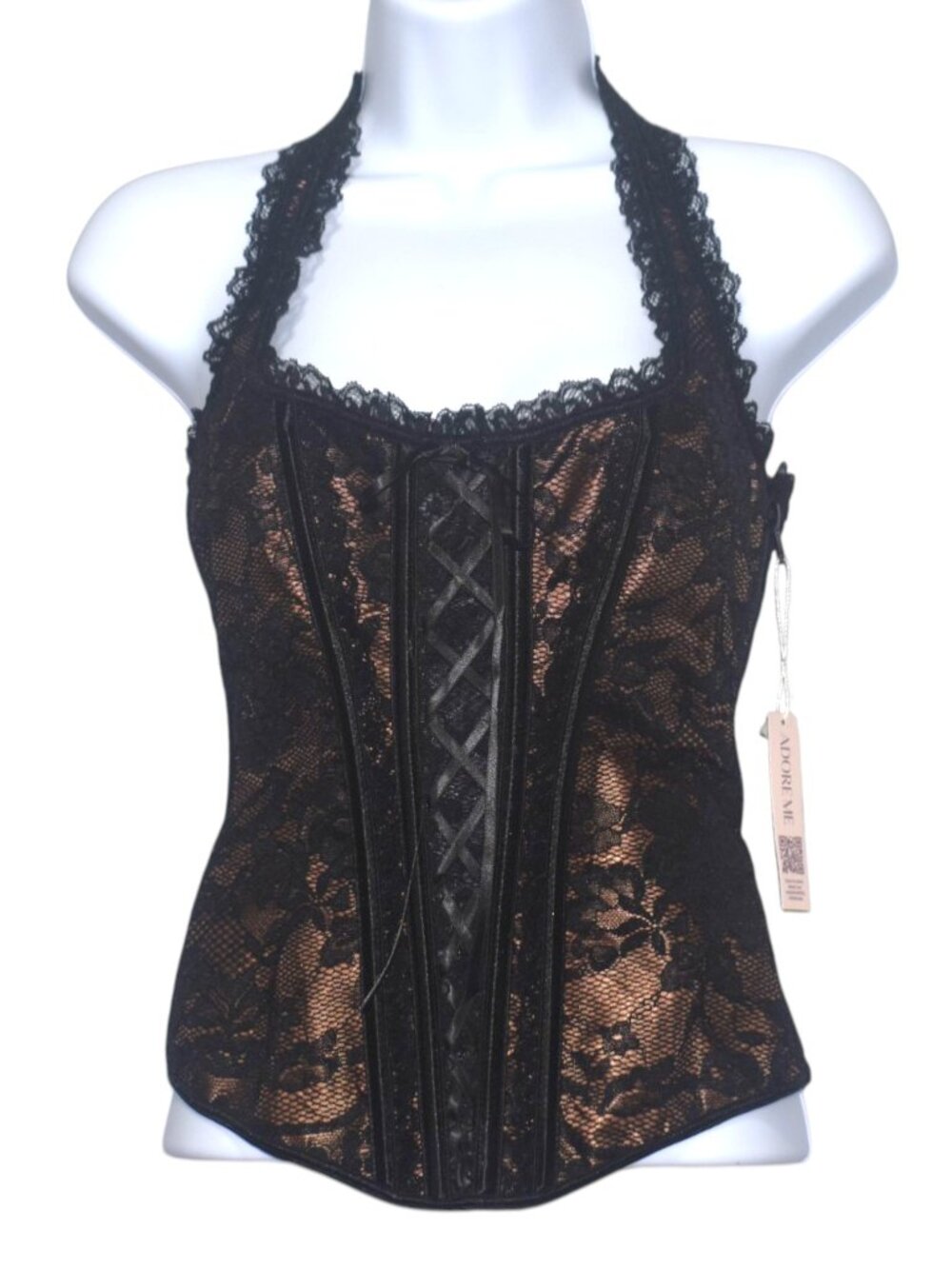 Adore Me Black Lace Halter Corset Top Satin Lined Lace Up Back XS NWT